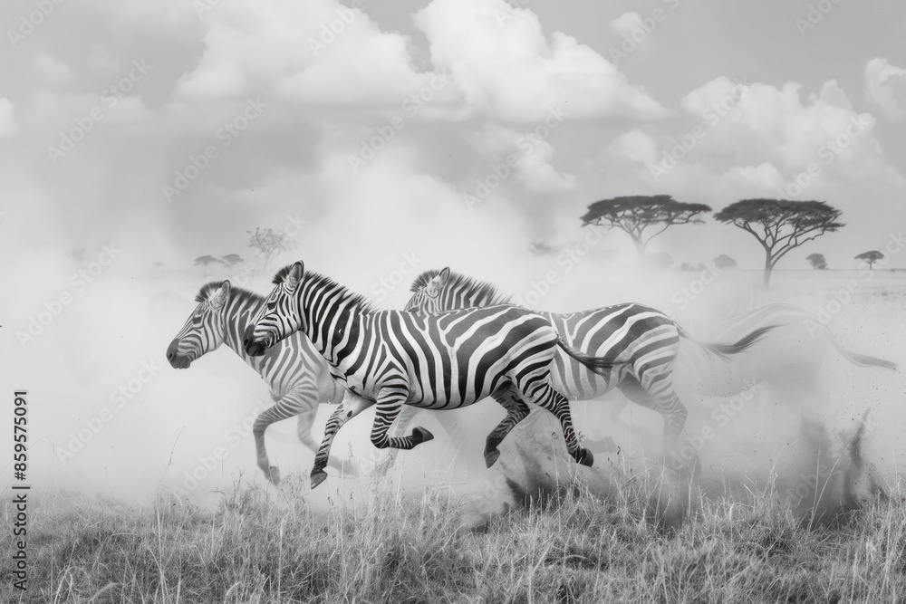 Obraz premium A group of zebras runs across the savannah, dust rising from their hooves