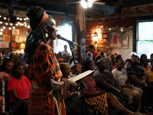 Juneteenth Poetry Reading Poet Performing on Stage during Celebration Event.