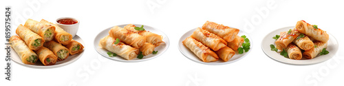 Collection of egg rolls in white plate isolated on transparent background photo