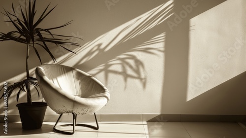Contemporary chair and potted plant in sepia tone