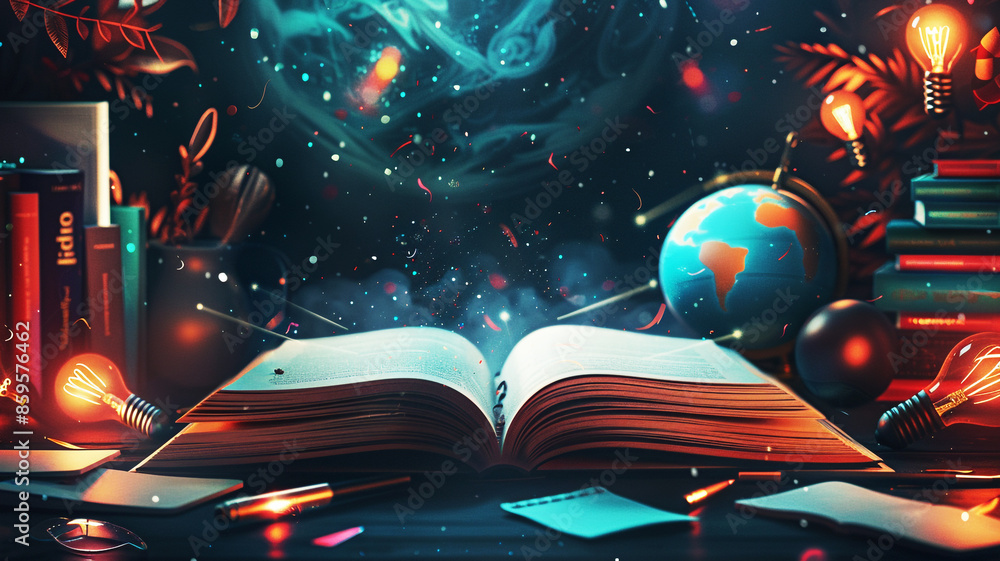 Obraz premium Magical book with glowing earth and educational icons in a library. Ideal for learning and global knowledge.