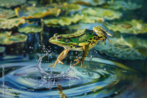 A frog leaps from a lily pad, mid-air over the water, legs stretched out