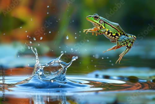 A frog leaps from a lily pad, mid-air over the water, legs stretched out