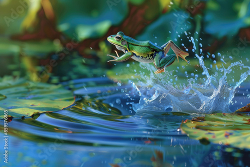 A frog leaps from a lily pad, mid-air over the water, legs stretched out