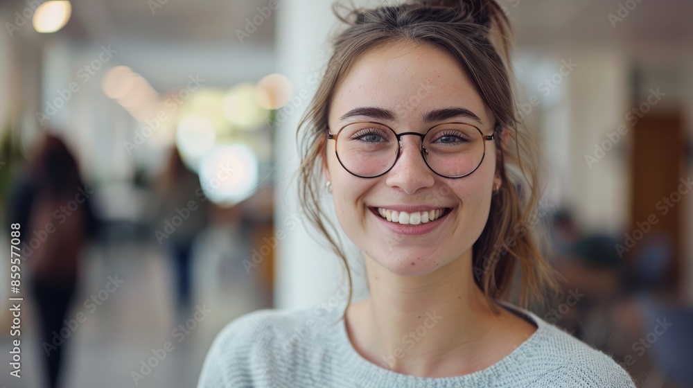 A young, stylish woman with glasses smiles at the camera. She's a student at university and she's feeling happy and confident. A young, stylish woman with glasses smiles at the camera. She's a student at university and she's feeling happy and confident.