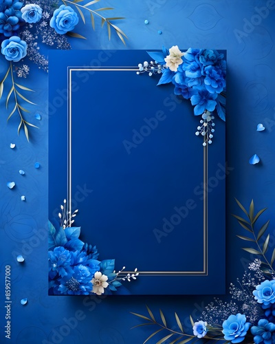 Mockup of Blue Wedding Invitation With Floral Design on Navy Background
