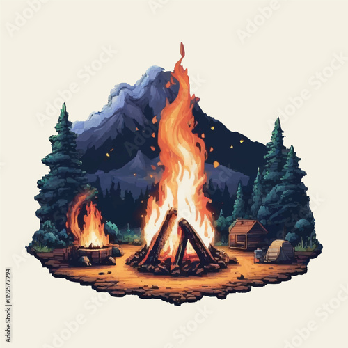 Night camp fire t-shirt design pixel art white background ultra high quality sticker