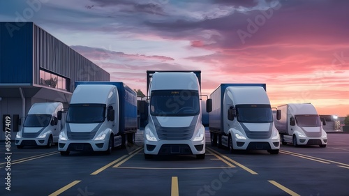 Fast charger station in the logistic facility for the company's fleet of electric automobiles. Utility vehicles for cargo transportation and delivery, including semi trucks, vans, and company rechargi