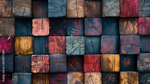 3d wooden square cubes wall background. Wallpaper of natural timber blocks stack. AI generated