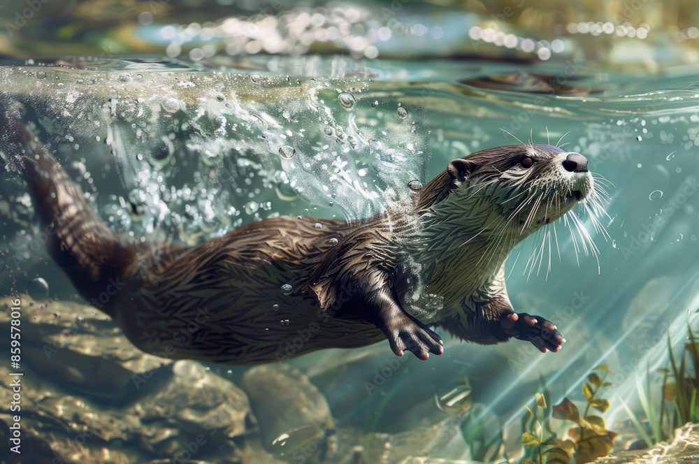 An otter dives into a river, creating bubbles and ripples An otter dives into a river, creating bubbles and ripples