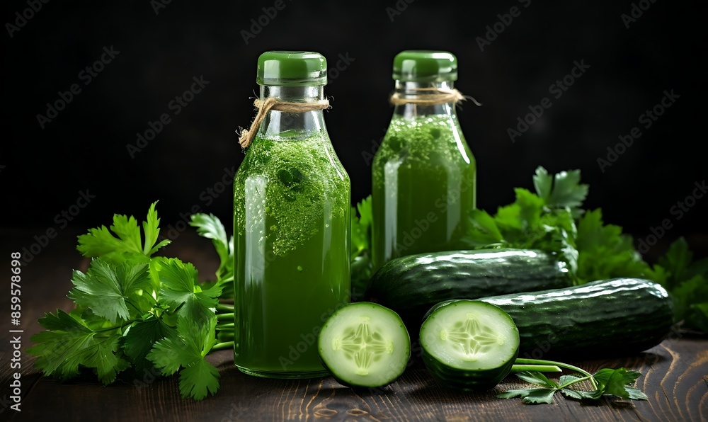 Cucumber juice in glass bottle with ingredients on dark wooden background Cucumber juice in glass bottle with ingredients on dark wooden background