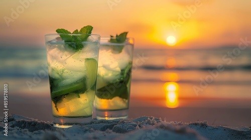 As the sun dipped below the horizon, casting a warm glow across the sandy shore, two refreshing mojito cocktails stood tall.
