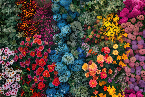 A colorful top-down view of a patchwork of different flowers creating a vibrant display
