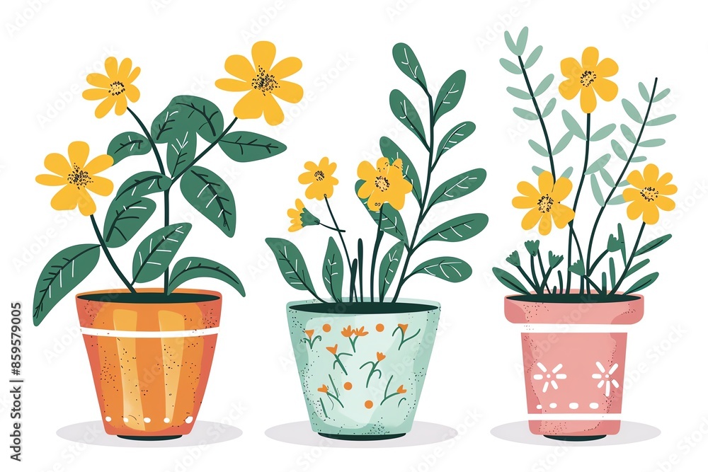 Three different potted plants with yellow flowers. The pots are orange, blue and pink. Three different potted plants with yellow flowers. The pots are orange, blue and pink.