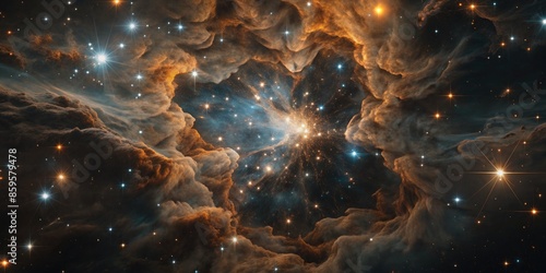 Expansive view of a glowing nebula in deep space.