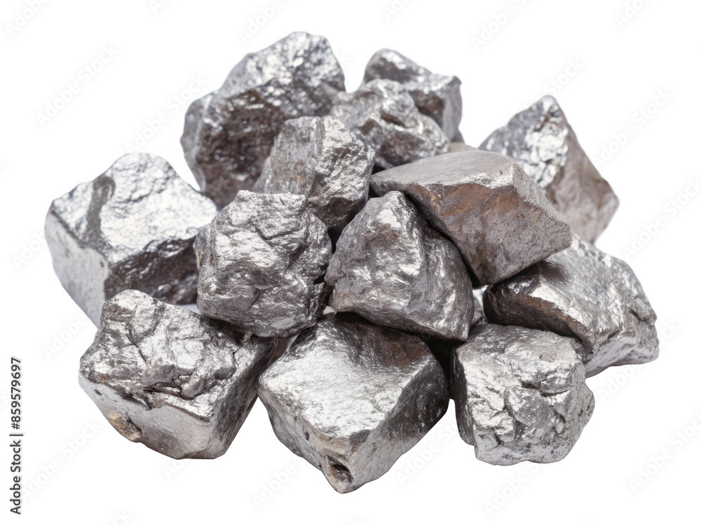 A pile of shiny aluminum ore rocks showcasing their natural, reflective surfaces and solid textures. Ideal for geological study and mineral collection. Isolated on transparent background, png. A pile of shiny aluminum ore rocks showcasing their natural, reflective surfaces and solid textures. Ideal for geological study and mineral collection. Isolated on transparent background, png.