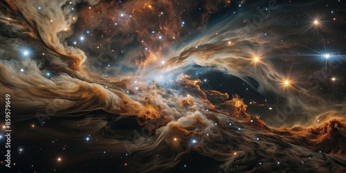 Stunning cosmic scene with swirling galaxies and star clusters.