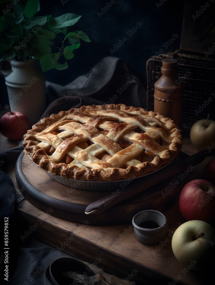 Homemade apple pie with lattice crust on a rustic table. Homemade apple pie with lattice crust on a rustic table.