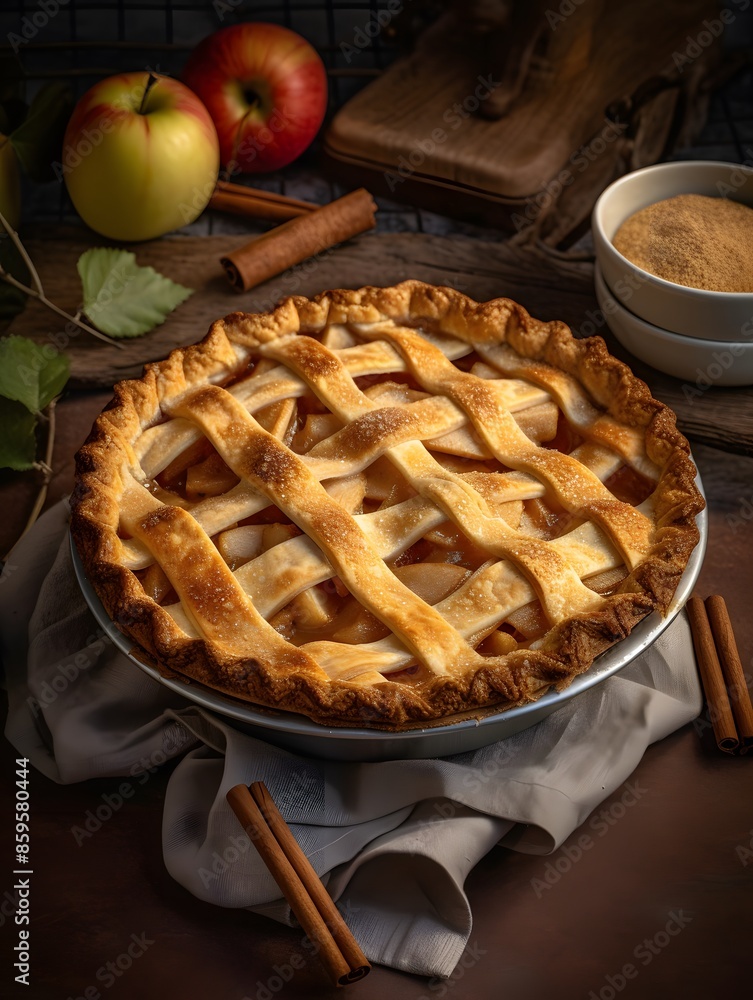 Homemade apple pie with lattice crust on a rustic table. Homemade apple pie with lattice crust on a rustic table.
