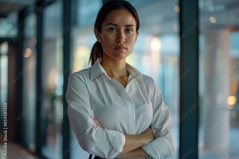 A woman in a white shirt standing with her arms crossed, ready for action A woman in a white shirt standing with her arms crossed, ready for action