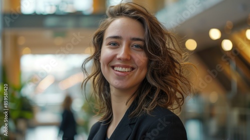 A portrait of a happy woman with long hair smiling directly at the camera