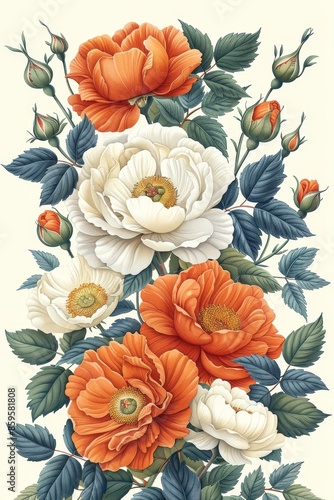 Vintage-Inspired Floral Border Featuring Orange and White Roses