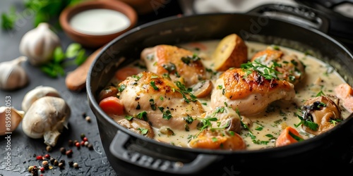 Chicken fricassee with cream sauce cooked in a black Dutch oven. Concept Chicken Fricassee, Creamy Sauce, Dutch Oven Cooking, Black Cookware, Homemade Comfort Food photo