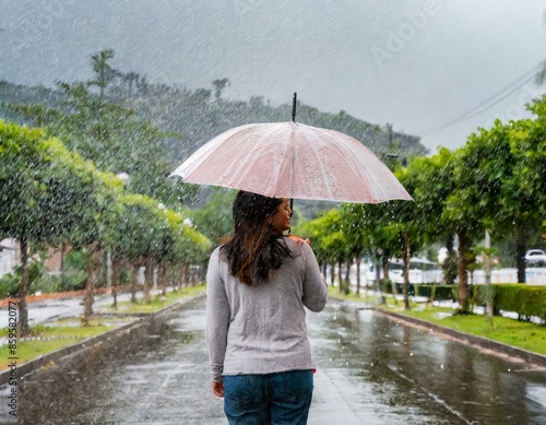Frau mit Regenschirm von hintern bei Regen  photo