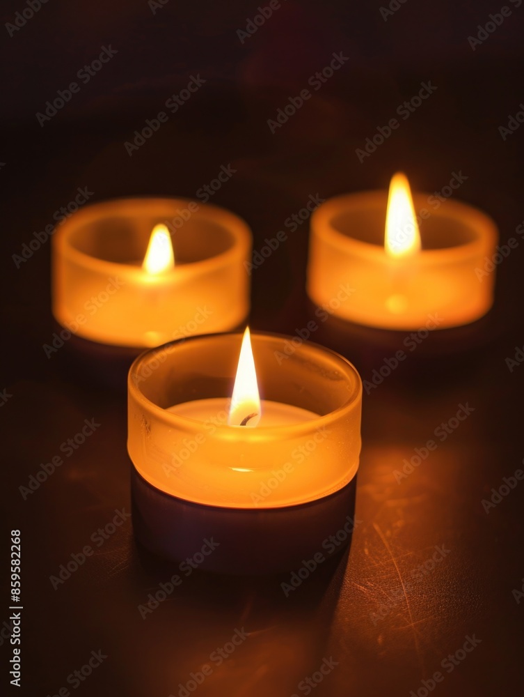 Three lit candles on a wooden table