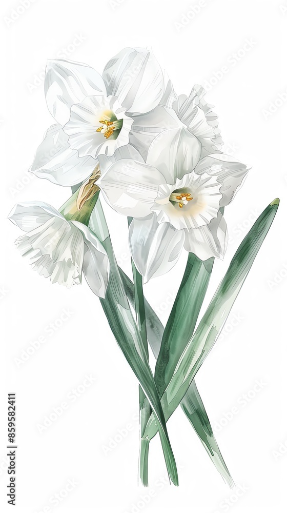 Beautiful watercolor illustration of white daffodil flowers with green leaves, perfect for spring or nature-themed designs. Beautiful watercolor illustration of white daffodil flowers with green leaves, perfect for spring or nature-themed designs.