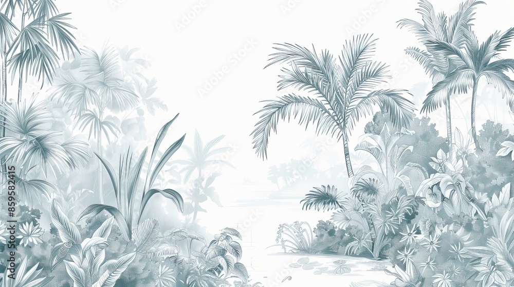 Landscape photograph in black and white. Jungle or forest nature background and mural wallpaper. High quality AI generated image Landscape photograph in black and white. Jungle or forest nature background and mural wallpaper. High quality AI generated image