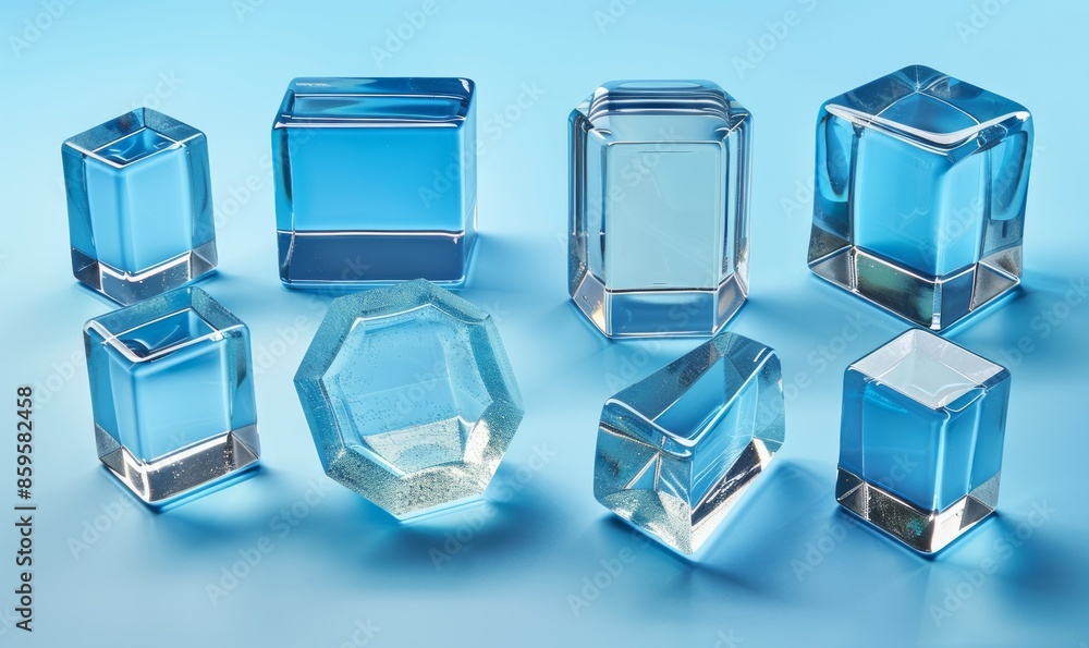 abstract background of transparent glass blocks in different shapes on blue surface abstract background of transparent glass blocks in different shapes on blue surface