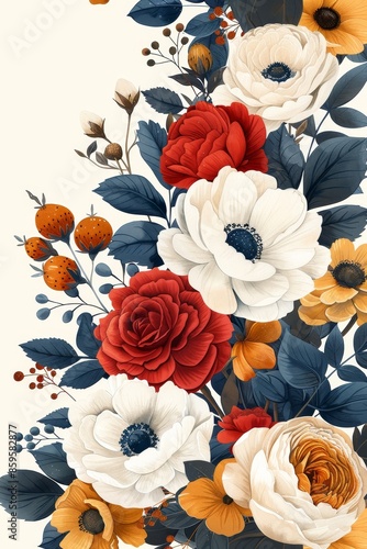 Vintage Inspired Floral Border Featuring Red Roses, White Anemones, and Yellow Flowers