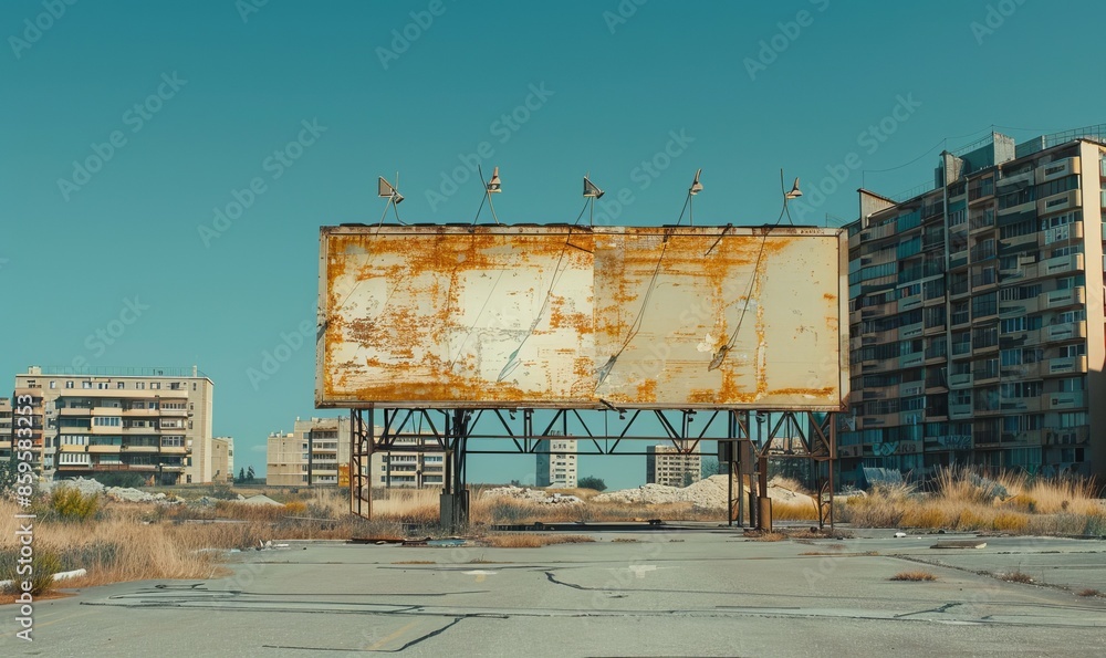 of empty billboard placed on asphalt road near residential buildings against blue sky in city of empty billboard placed on asphalt road near residential buildings against blue sky in city