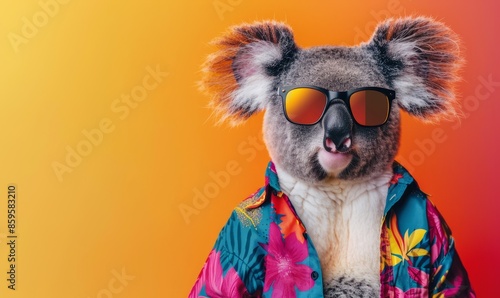 of cute gray fluffy koala in sunglasses and colorful shirt against bright gradient background photo