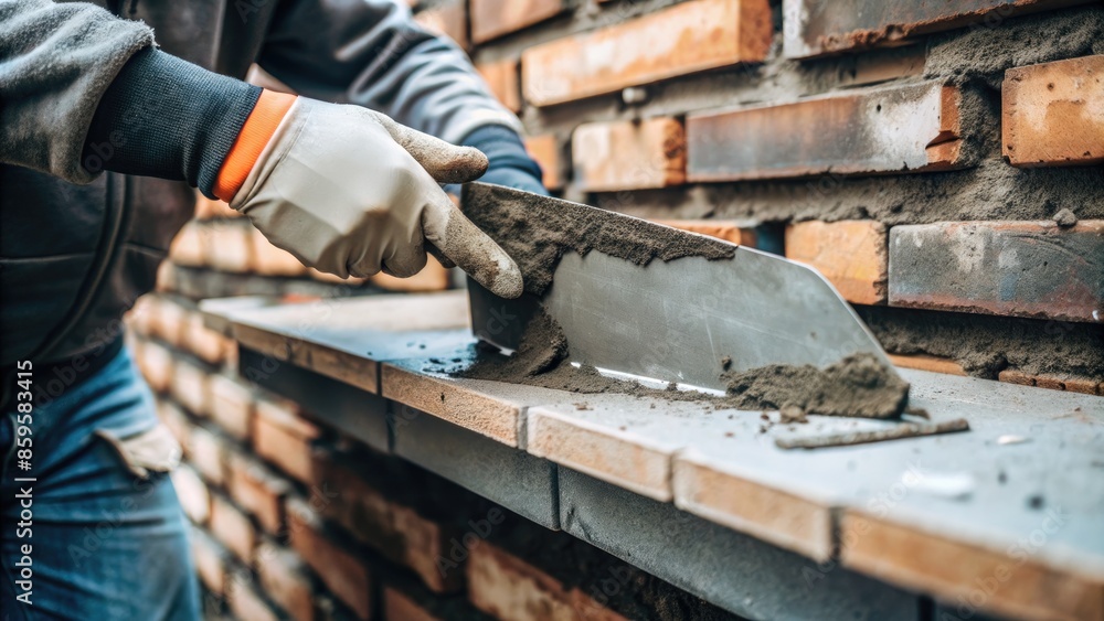 Bricklayer applying mortar to build a brick wall. Bricklayer applying mortar to build a brick wall.