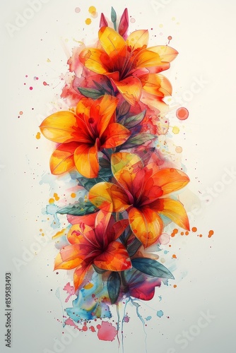 Retro-Style Watercolor Illustration of Orange Flowers on White Background
