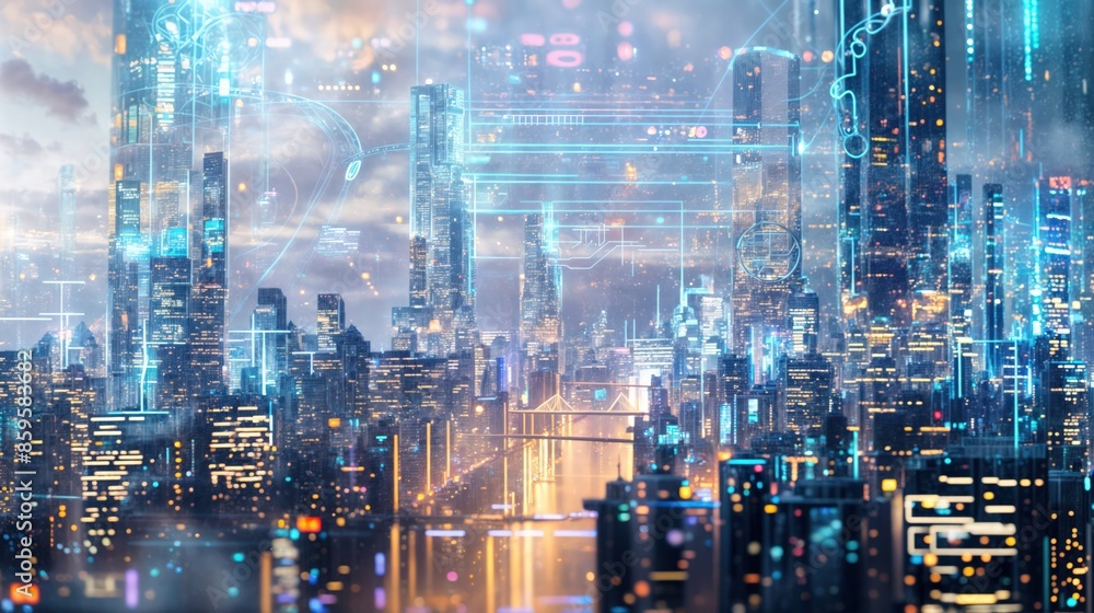 A futuristic city skyline illuminated by holographic displays A futuristic city skyline illuminated by holographic displays