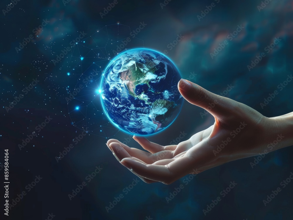 Hand Reaching Out To Touch Digital Globe - Global Connection Technology Concept Hand Reaching Out To Touch Digital Globe - Global Connection Technology Concept
