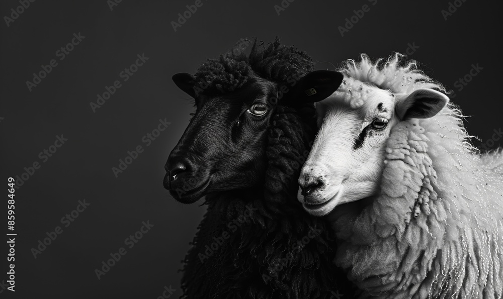 Two sheep: black and white side view Two sheep: black and white side view