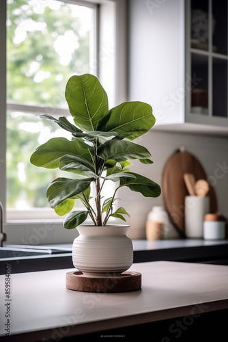 Ficus in a pot on the kitchen table. House plants. photo
