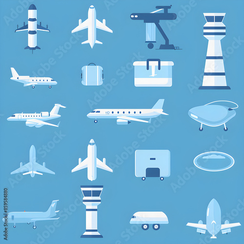 Modern Aviation Icons: A Comprehensive Set Depicting Aircraft, Operations, and Flight Elements in Minimalist Style