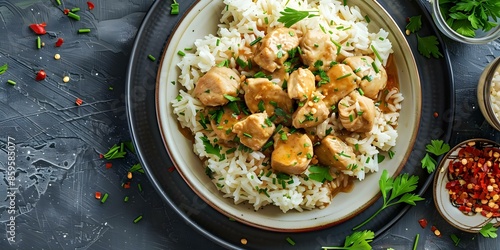 Chicken fricassee served with rice on a plate. Concept Food photography, Chicken dish, Rice plate, Gourmet meal