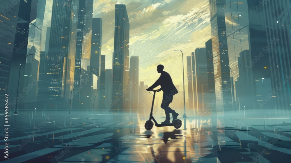 Obraz premium Faceless businessman riding electric scooter in a city. Generative AI., Generative AI hyper realistic
