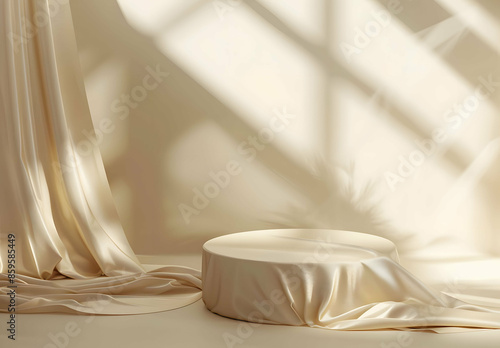 Elegant beige satin fabric on display pedestal. Podium for luxury product showcase.