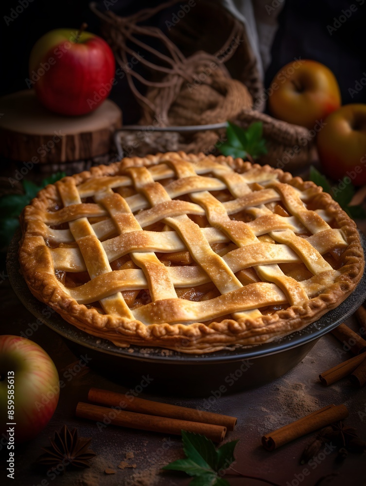 Homemade apple pie with lattice crust on a rustic table. Homemade apple pie with lattice crust on a rustic table.