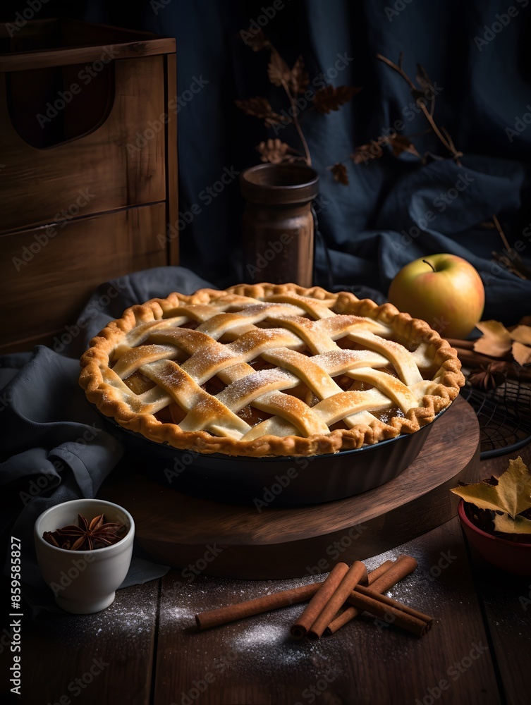 Homemade apple pie with lattice crust on a rustic table. Homemade apple pie with lattice crust on a rustic table.