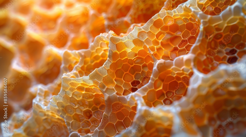 A captivating close-up view of a honeycomb structure, bathed in golden sunlight, vividly highlighting the hexagonal patterns and rich textures of the honeycomb. A captivating close-up view of a honeycomb structure, bathed in golden sunlight, vividly highlighting the hexagonal patterns and rich textures of the honeycomb.