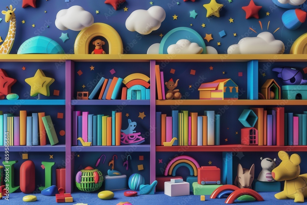 Fototapeta premium A bookshelf filled with colorful books and toys, perfect for a childrens educational center or bookstore. Generative AI