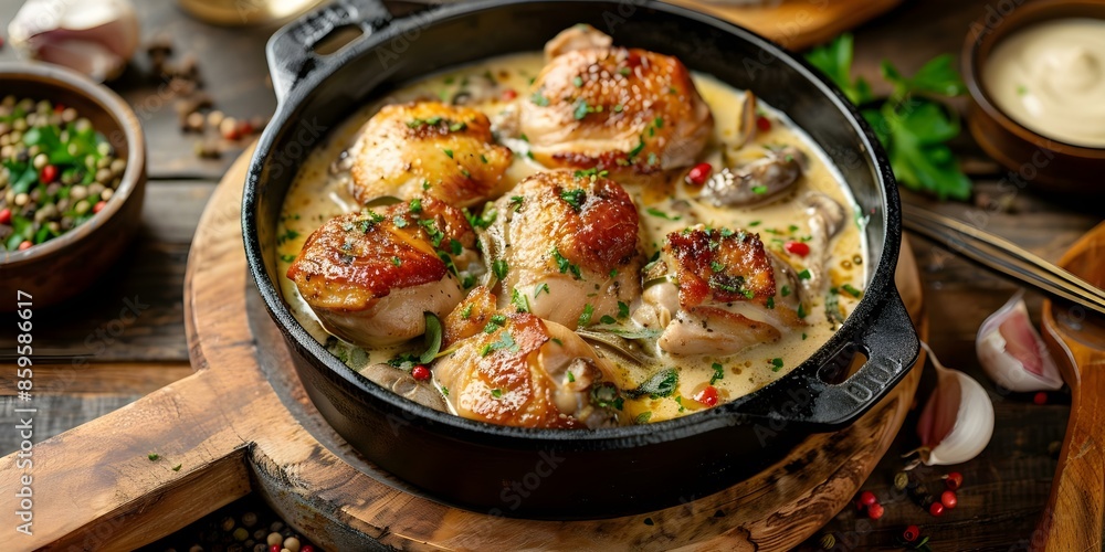 Gourmet Comfort Food Chicken Fricassee with White Wine Cream Sauce Cooked in a Dutch Oven. Concept Chicken Fricassee Recipe, White Wine Cream Sauce, Dutch Oven Cooking, Comfort Food Recipe Gourmet Comfort Food Chicken Fricassee with White Wine Cream Sauce Cooked in a Dutch Oven. Concept Chicken Fricassee Recipe, White Wine Cream Sauce, Dutch Oven Cooking, Comfort Food Recipe